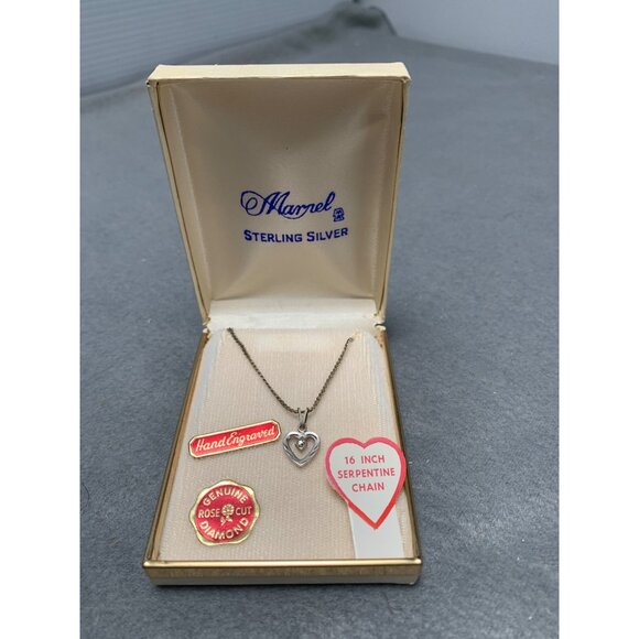 Marvella Sterling Silver Heart Necklace 16" Serpentine Chain Genuine Rose Cut Di - Picture 1 of 6